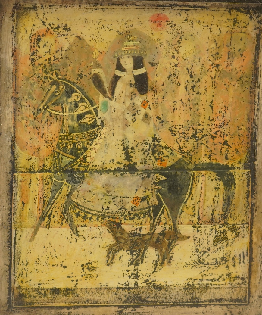 James Martin (1928-2020), gouache and mixed media, Horse and rider, unsigned, inscribed verso, 30 x 25cm. Condition - fair to good